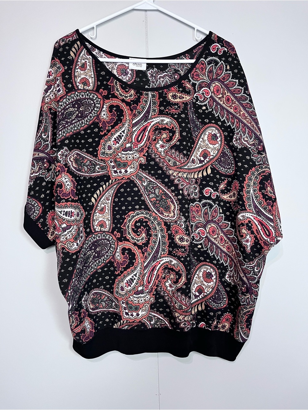 Chuva Collection Paisley Batwing Blouse Black Pink Cream Dolman Sleeve Top
